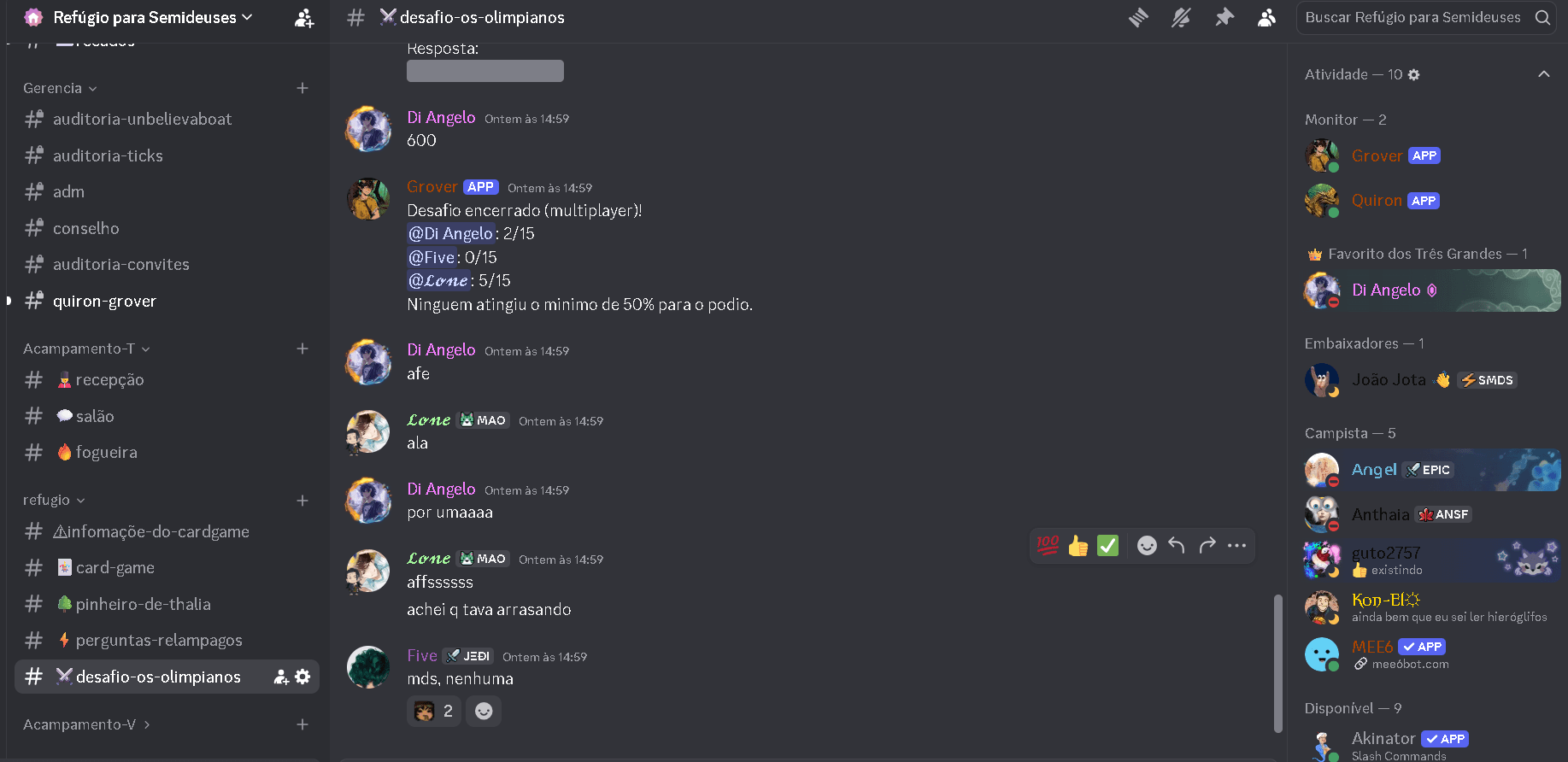 Canal do Discord durante uma rodada do Desafio dos Olimpianos.