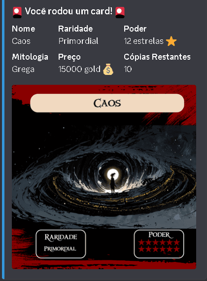 Captura do bot exibindo um card de Caos com raridade Primordial e poder de doze estrelas.